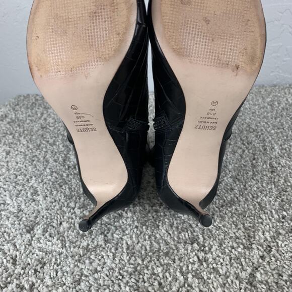 Schutz Boots Womens Size 8.5B Black Croc Embossed Leather Pointed Toe Heels Zip - Picture 9 of 10